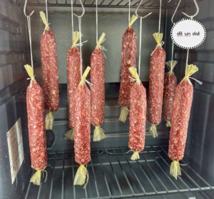 1ß kräftig rote Salamis hängen in einem Reifeschrank an Haken.