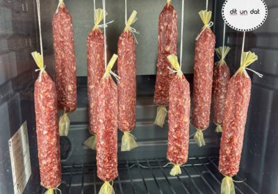 1ß kräftig rote Salamis hängen in einem Reifeschrank an Haken.